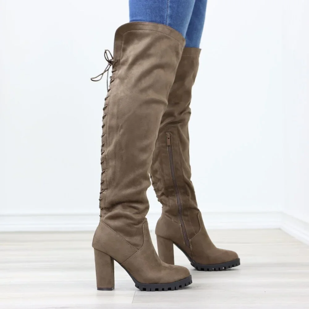 Taupe Over Knee Boots Suede Chunky Heel Lace Up Back Zip Rugged Sole